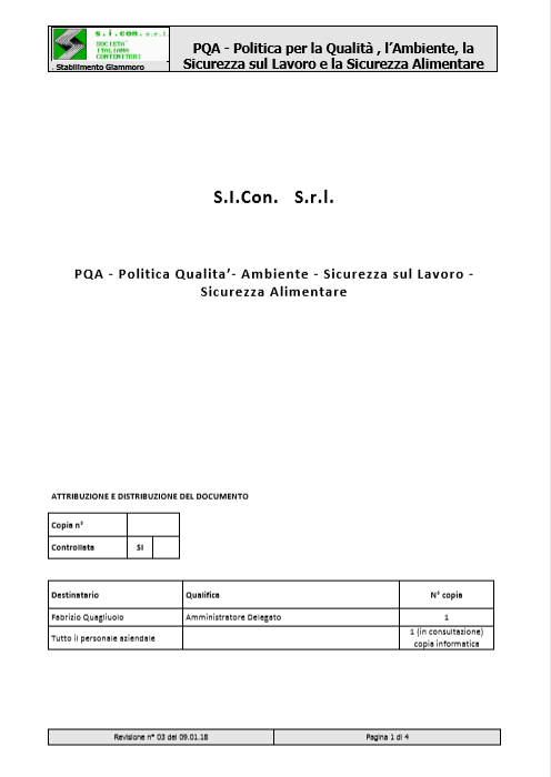 Politica della Qualità/Ambiente/Sicurezza Alimentare/Sicurezza sul Lavoro